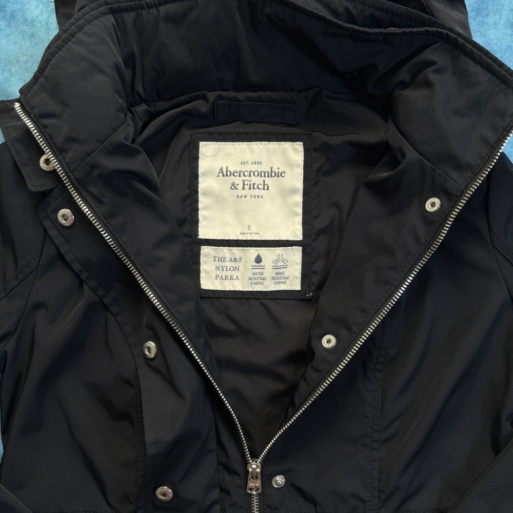 Abercrombie & Fitch Nylon Parka Jacket Hooded Black Water Resistant S - Picture 4 of 8